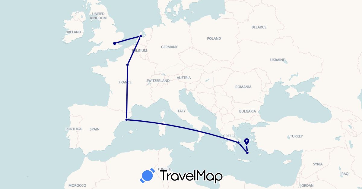 TravelMap itinerary: driving in Spain, France, United Kingdom, Greece, Netherlands (Europe)